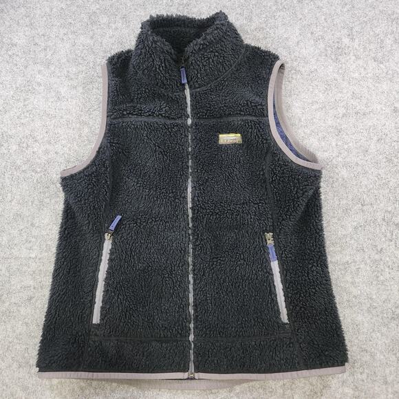 LL Bean Mountain Pile Fleece Vest Womens L Large Black Full Zip Sherpa Jacket - Picture 2 of 11